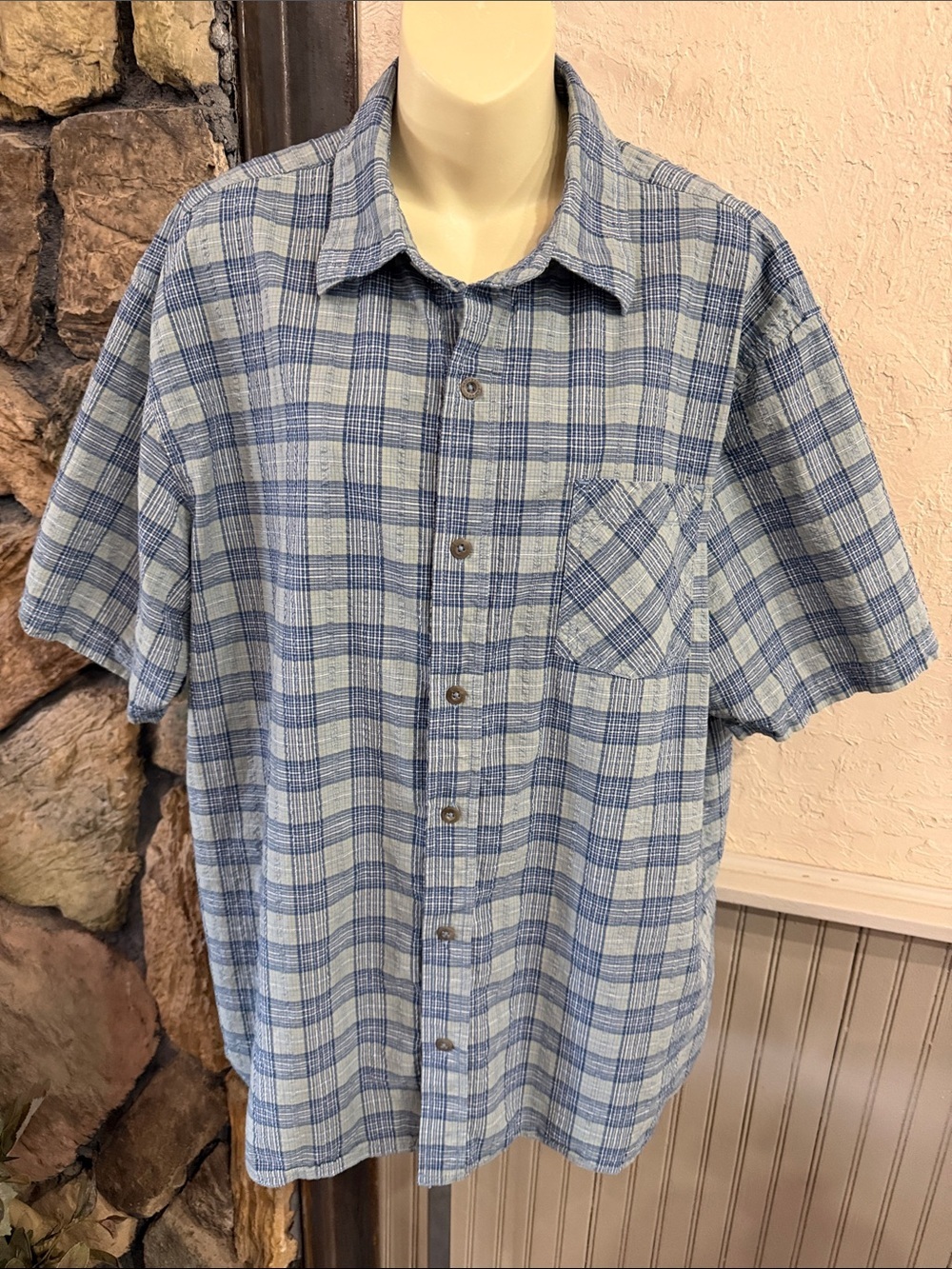 RedHead Light Blue and Navy Plaid Short-Sleeve Button-Down Shirt